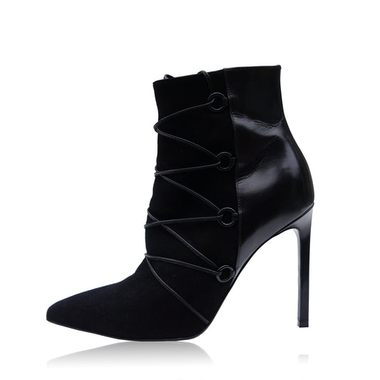 SAINT LAURENT BLACK SUEDE LEATHER LACE ANKLE BOOT - leefluxury.com