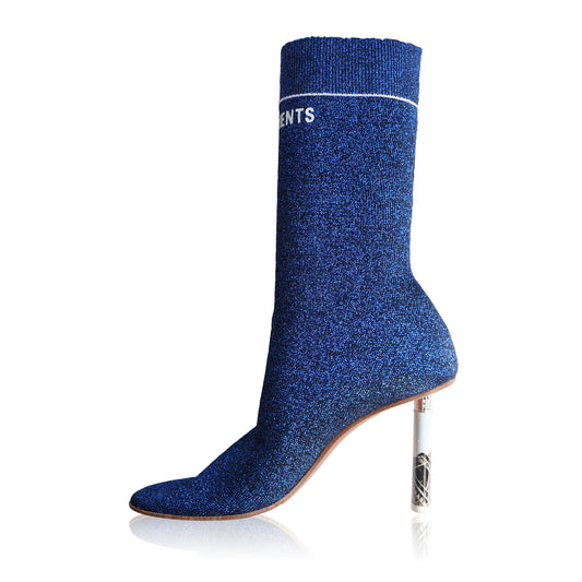 VETEMENTS BLUE LUREX EIFFEL TOWER LIGHTER SOCK BOOT - leefluxury.com