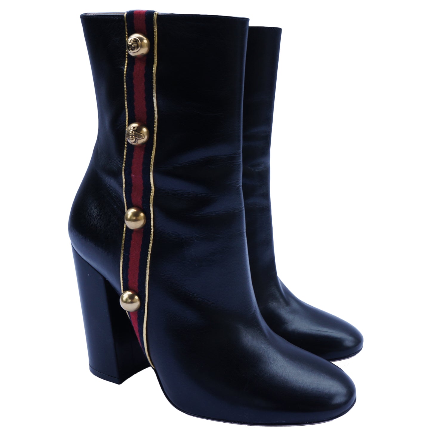 GUCCI CARLY LEATHER STUDDED GROSGRAIN TRIM BOOTS - leefluxury.com