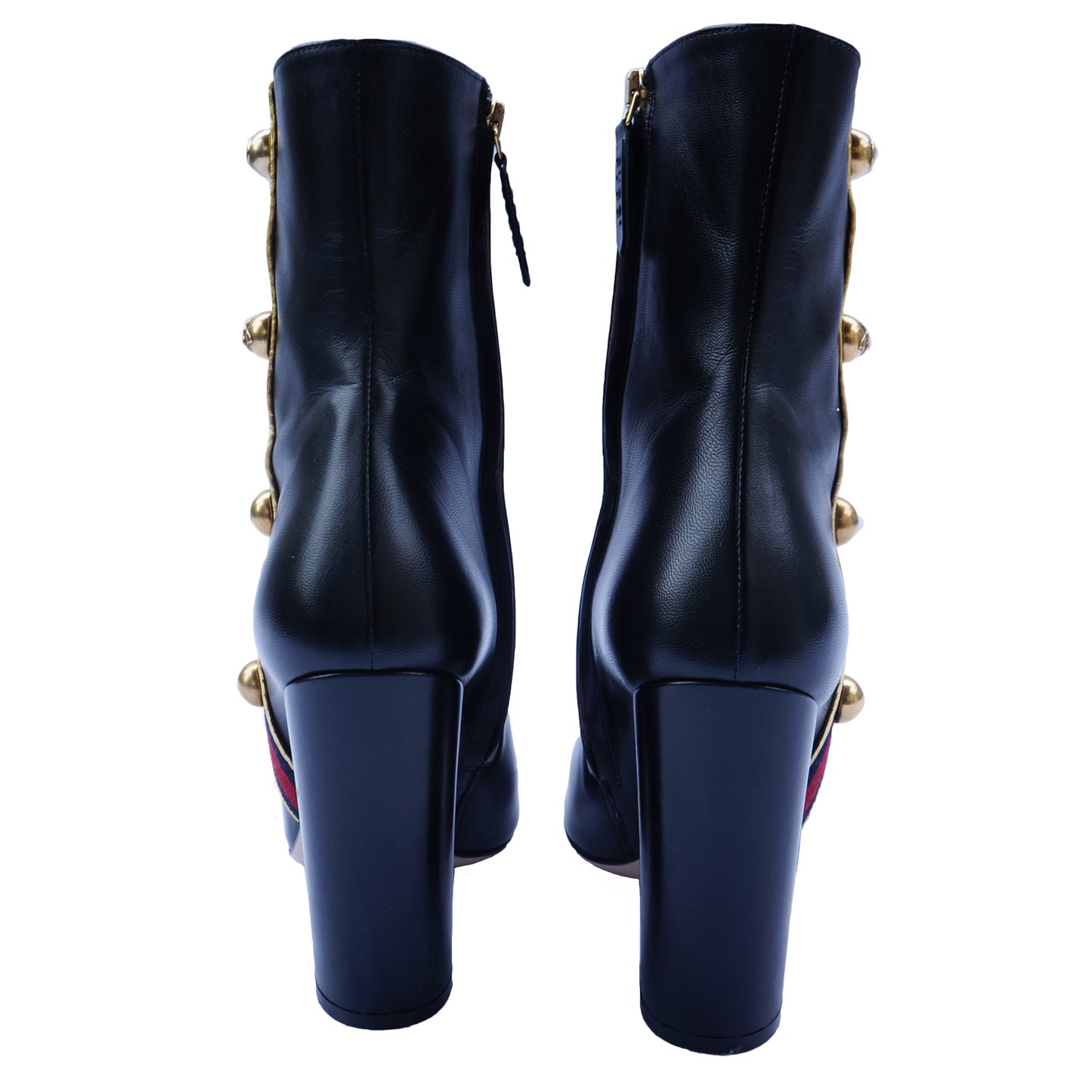 GUCCI CARLY LEATHER STUDDED GROSGRAIN TRIM BOOTS - leefluxury.com