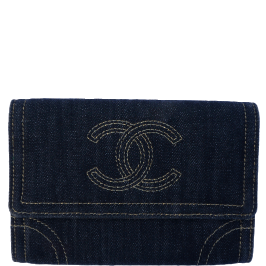 CHANEL DENIM AND GOLD LEATHER WALLET - leefluxury.com