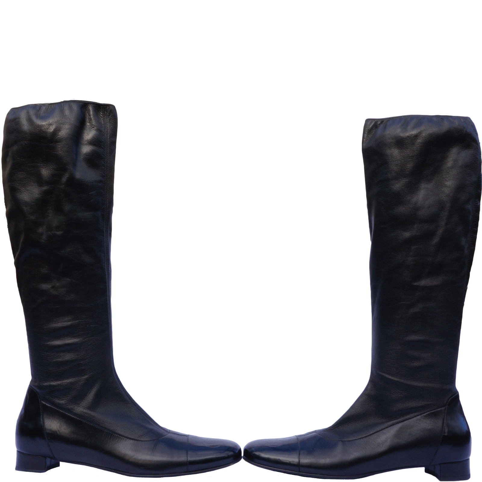 AUTHENTIC CHANEL LEATHER CAMELLIA CAP TOE KNEE-HIGH LEATHER BOOTS –